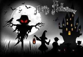 Halloween background with ghost, scary house and little girls on the full moon. Vector