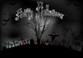 Halloween night with tree pumpkins and bats on graveyard. Vector