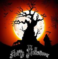 Halloween background - silhouette of black scary scytheman standing on  tree with crosses on full moon vector