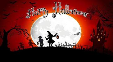 Halloween grave on full moon background with a little girls. vector