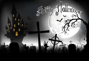 noche de fondo de halloween con cementerio y casa aterradora en la luna llena