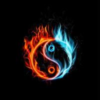 fuego ardiendo yin yang con fondo negro vector