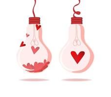 The concept of burning love. Lamps with red hearts inside. The light comes from lovers. Valentine's Day. Flat style vector illustration.