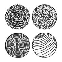 A set of circular abstract backgrounds or patterns. Hand-drawn doodles. Spots, blots, zigzags, smooth curves, lines. Modern quirky vector illustrations. Posters, badge templates for social networks.