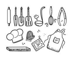 herramientas de chef dibujadas a mano y ropa estilo garabato. gorro de cocinero, manoplas para el horno, tabla para cortar y rebanar y delantal. un rodillo, varias espátulas y pinzas. vector