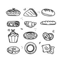 boceto de pan y artículos de panadería. bolsa de harina aislada vectorial con masa, bagel de pan de trigo o pan tostado y croissant o bollo de centeno y baguette de ciabatta en tabla de cortar vector