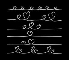 A set of lines with hearts drawn by hand. Smooth lines on black background. Hearts in different sizes. Horizontal scribble line. Vector illustration for border, frame.