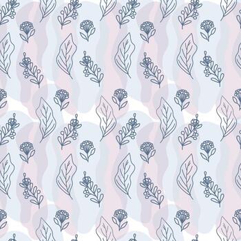 Seamless pattern of leaves and spots. Branches with berries and leaves. Pastel delicate palette. Flat style vector pattern.