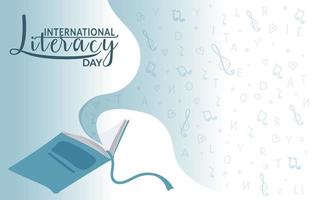 Illustration for International Literacy Day in the form of an open book with letters of the alphabet, musical notes, and a treble clef. Education or reading imagination concept for a learning activity vector