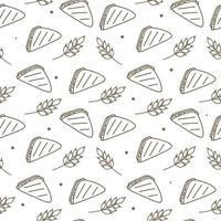 Seamless pattern on a white background. Bakery products. Sandwiches with spikelets of wheat. Hand drawing. In one line. vector