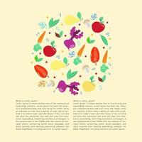 Vegetables and fruits in a flat style in a circle. The template is suitable for health magazines, food websites, and restaurant newsletters. Diet and organic food. Healthy food vector concept.