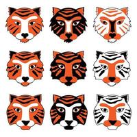 Set of different stylized tiger faces. Chinese new year 2022 year of the tiger - chinese zodiac symbol, lunar new year concept, modern background design. vector