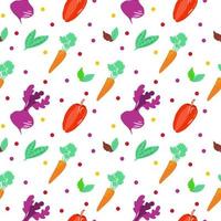 Decorative seamless pattern background with stylized vegetables tomato, cucumber, beet, carrot, pepper, potato, onion, greens. Vegetables in flat design isolated on a white background. Vector. vector