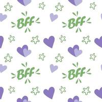 lindos corazones y estrellas púrpuras encantadores con texto bff ilustración de fondo de patrón vectorial sin costuras vector