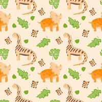 Seamless pattern on the background. Cute dinosaurs with tropical leaves. Jurassic reptiles. Suitable for baby textiles and packaging. vector
