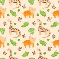 Seamless pattern on the background. Cute dinosaurs with tropical leaves. Jurassic reptiles. Suitable for baby textiles and packaging. vector