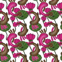 Seamless axolotl pattern, drawn element in doodle style. Aquatic animals and lotuses. Bright pattern in pink and green. Pattern in fashionable linear style. vector