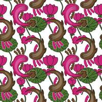 Seamless axolotl pattern, drawn element in doodle style. Aquatic animals and lotuses. Bright pattern in pink and green. Pattern in fashionable linear style. vector