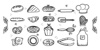 A set of isolated hand-drawn elements. Bread products, dough items and chef's clothes. Wheat ears. Icons. vector