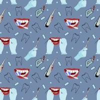 Funny vector seamless pattern of cartoon healthy teeth checking teeth at the dentist, toothbrushes, dental floss, toothpaste.