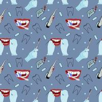 Funny vector seamless pattern of cartoon healthy teeth checking teeth at the dentist, toothbrushes, dental floss, toothpaste.