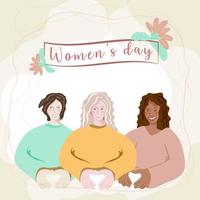 The concept of happy girls of different races. Women's Day. They are smiling and gesturing with their fingers, showing their hearts. Cheerful girls. Greeting card or banner. Flat style vector. vector