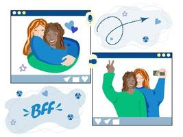 Happy Friendship Day Web Banner, Special Holiday Illustration. Two girls hug and smile for a photo. Online communication. vector