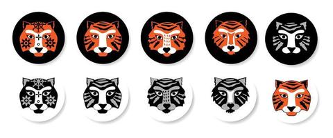 aislado sobre fondo blanco emblemas con caras de tigre. vector de estilo plano. lindos tigres en un círculo blanco y en un círculo negro.
