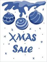 Christmas sale banner. Festive Christmas balls on the tree. Handwritten lettering. Vector in flat style.