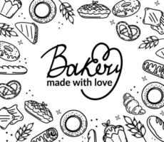 Set of vector bakery elements and handwritten lettering. Hand drawn typography design with bread, pastry, pie, buns, sweets, cupcake. Modern ink brush calligraphy and linear graphic. Baked with love.
