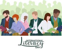 haciendo que los jóvenes obtengan conocimiento de los libros. banner del día mundial de lectura o alfabetización, página web, publicación en redes sociales. mercado de libros o concepto de feria. lectura en línea. vector