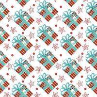 Seamless holiday pattern on a white background. Gifts, stars and circles. Boxes with bows and business cards. Flat style vector. vector