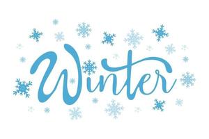 Banner con letras de invierno, linda ilustración vectorial manuscrita con copos de nieve. vector de estilo plano. plantilla de diseño de tarjeta.