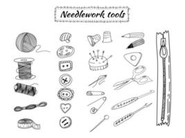 Tools and accessories for sewing and needlework. Scissors, twist, buttons, needles, pins, threads and spools of thread. Hand drawn vector doodle illustration.