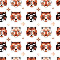 Pattern with tiger face, muzzles tiger with brown stripes, symbol of new 2022 year on red background. Vector illustration for postcard, banner, web, decor, design, arts, calendar.