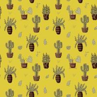 Line houseplants icons seamless pattern. Vector flowers in pots