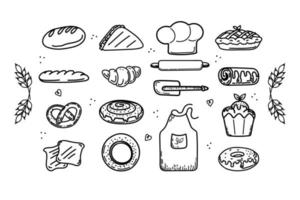 A set of isolated hand-drawn elements. Bread products, dough items and chef's clothes. Wheat ears. Icons. vector