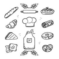 Set of hand drawn detailed engraved bakery products isolated on white background, different kinds of bread in vintage style, including loaf, pretzel, bagel, bun, baguette. vector