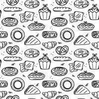 A seamless pattern of hand-drawn bakery items. Toast, pie, muffin, cupcake, donuts, sandwich, bagels, and snail buns. Doodle style vector. vector