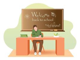 Teacher Day Concept. A man sits at his desk and writes. A blackboard with a back to school inscription. Man at work. Nice vector illustration in cartoon style.