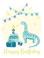 Postcard with cute dinosaur, gifts, cake with a candle, holiday flags, sweets. Happy second birthday. Greeting card template with cute characters. Vector illustration in cartoon style.