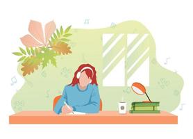 Concept of home, cute girl at table listening to music with coffee student or freelancer. Woman wearing headphones with pen in hand. Flat style vector illustration