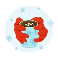 Hands with a mug of hot drink. Snowflakes. Cocoa or hot chocolate. Hands in red gloves. Cute vector illustration in cartoon style.