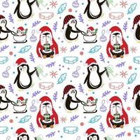Christmas template with cheerful penguins. Animals performing different actions. Gift, cocoa and walking with a baby. Festive background with hand-drawn elements, cute vector illustration in flat