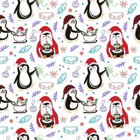 Christmas template with cheerful penguins. Animals performing different actions. Gift, cocoa and walking with a baby. Festive background with hand-drawn elements, cute vector illustration in flat