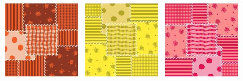 Patchwork seamless pattern. Stripes, a cage, flowers and peas. Ornaments in bright colors. Vector illustration