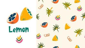 Lemons seamless pattern. Tropical background with lemons, limes and palm leaves. Delicious fruits. Summer time. Perfect for fabric, web banner design, wallpapers. Vector cartoon illustration