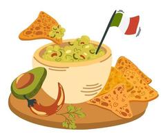 Guacamole. Mexican food guacamole with nachos, avocado, pepper, lime and spices. Delicious, healthy food, snack. Hand Drawn Cartoon Vector illustration.
