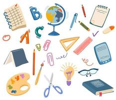 School supplies. Back to school. Big set of hand draw school items. Books, pencils, pens, notebooks, erasers, paper, clips, globe, backpack. Study. Vector illustration