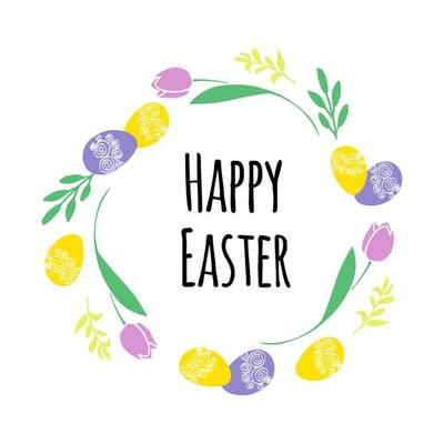 Vector illustration Easter wreath with traditional symbols collection- Easter cake and egg, spring flowers Happy Easter greeting card